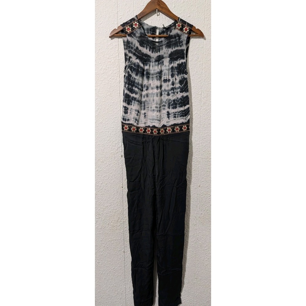 Gypsy 05 Black Tie Dye Floral Embroidered Silk Keyhole Back Jumpsuit EUC Size S